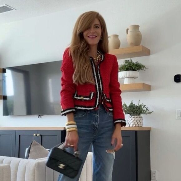 Alice + Olivia Landon Red Black Tweed Cropped Box Jacket Size XSmall Lady Jacket - Picture 6 of 7